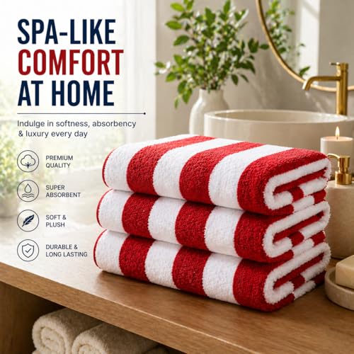 Image of TowelWala Extra Large Cotton Pool & Bath Towel | 180x90 cm | 450 GSM Cotton | Quick Drying & Highly Absorbent | Striped Design for Adults | TW PT RED Pack 2