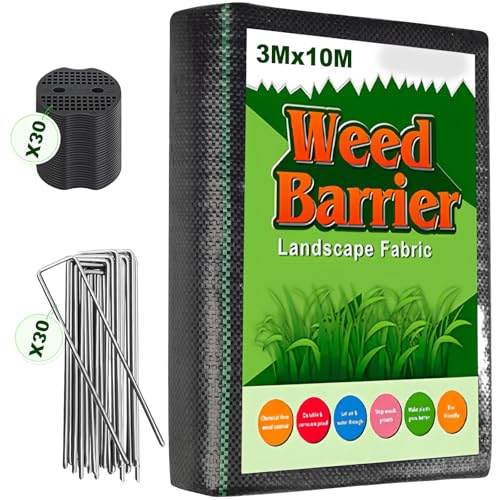 Tel Charme * Membrana de control de malezas de 3 m x 10 m con 30 clavijas de jardín, resistente a los rayos UV, barrera de control de malezas, cubierta de suelo para césped artificial, patio, caminos