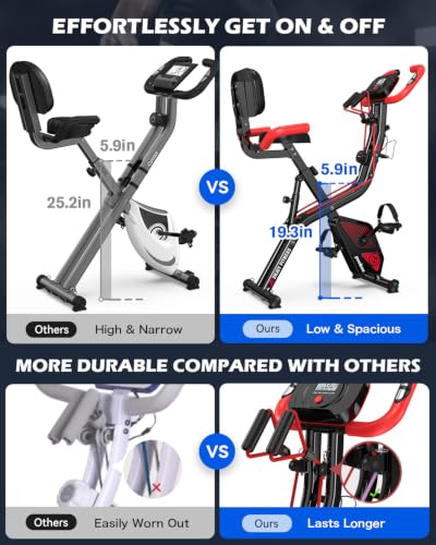 Image of pooboo Folding Exercise Bike, Foldable Upright Stationary Bike, Indoor Cycling Magnetic X-Bike with 8-Level Adjustable Resistance, 6.6 LBS Flywheel, 300LB Capacity, Back Support Cushion for Home Gym