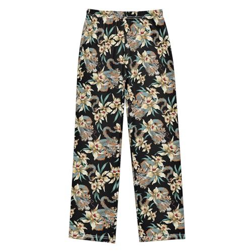 Dragon Floral Boys Long Pants Soft Trousers Elastic Waist Kids Lounge Bottoms with Pockets S-XL