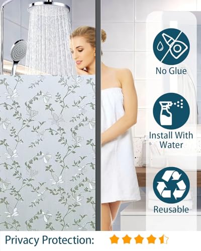 Image of Frosted Glass Window Film with Elegant Flower Design, Bathroom Window Privacy Film for Glass Windows Cover, Static Cling, Removable, Reusable, Anti-UV, Anti-Glare, 17.5 Inch * 78.74 Inch