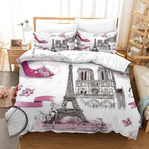 QDZHCPMYK 3D, Imprimé Paris Fashion—Romantic Sketch Style Parure De Lit Microfibre Super Douce Et Respirante Set De Housse De Couette 3 Pièces avec Taies...