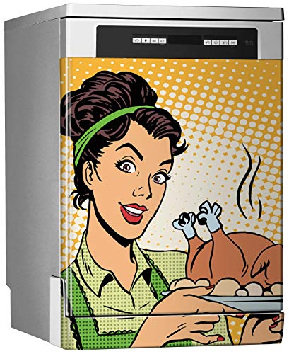 MEGADECOR Vinilo Decorativo para Lavavajillas, Medidas Estandar 67 cm x 76 cm, Pop Art, Mujer con Pavo Asado en Sus Manos