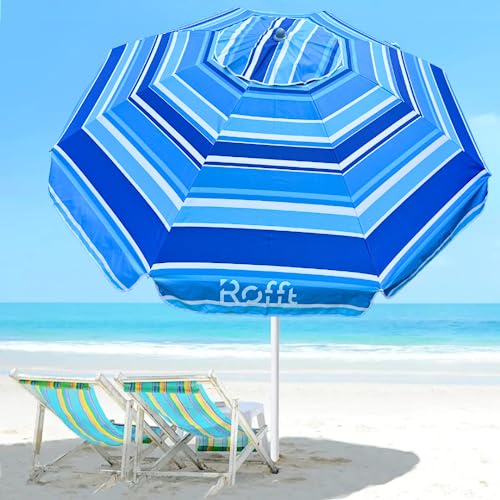 ROFFT 6.5 Ft Beach Umbrella for sand heavy duty Steel and Aluminum Pole, Sand Anchor UV 50+ protection Air vents Windproof Sunshade with reinforced ribs carry bag and premium silver coated