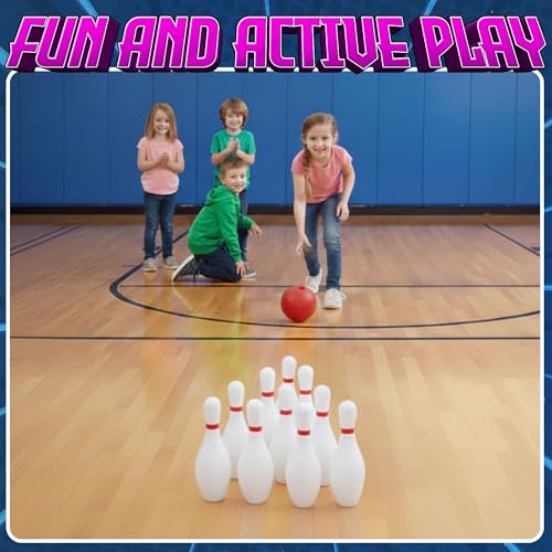 image for KiddieLoot Kids Bowling Set - 10 White Plastic Pins & 2 Lightweight Bo