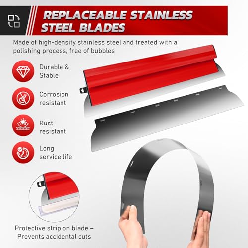 Flächenspachtel Set,Inkl. 5 x Flächenschaber (190 mm Halbmond, 250 mm, 400 mm, 600 mm, 800 mm) mit Ersatzklingen – 2 x Handschaber – Aluminium-Teleskopstange Surface Spatula Set (Rot)