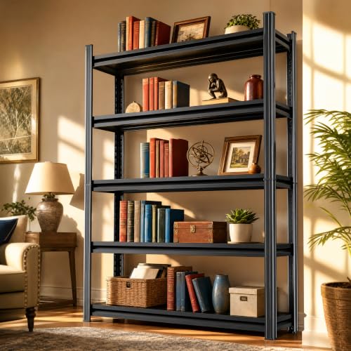 Image of Black Metal Bookshelf 5 Tier Shelf, Heavy Duty Industrial Book Case Shelving Unit, Standing Storage Rack for Books Plants Kitchen Decor, Free Standing Bookcase Shelves Organizer for Bedroom Office