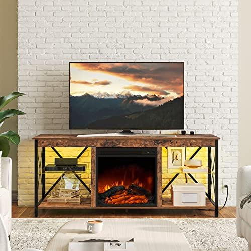 HOOBRO Fireplace TV Stand with Charging Station and LED Lights, TV Stand with Fireplace for TVs up to 65", Entertainment Center with Fireplace, Glass Shelves, Rustic Brown and Black BF140UDDS01 - Thumbnail 4