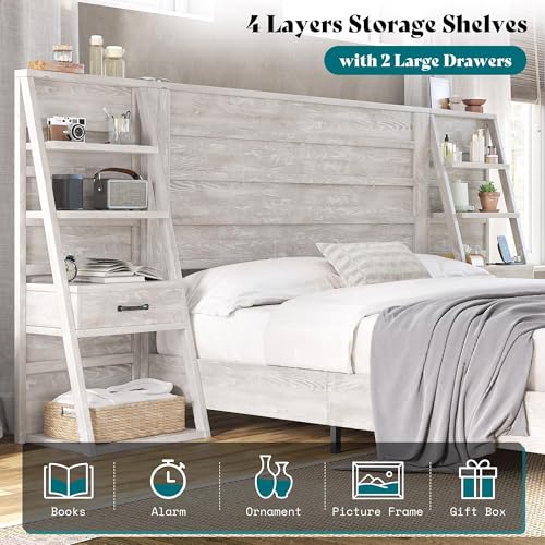 Image of AMERLIFE King Size Platform Bed Frame with Wide Headboard & Bookshelves