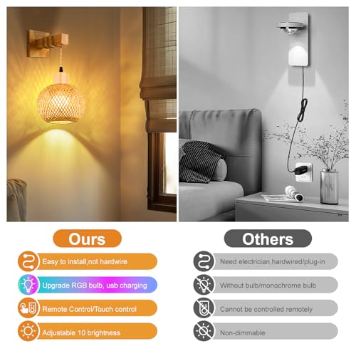 Image of Frideko Boho Battery Operated Wall Sconces Set of Two with Remote, RGB 15 Colors Rechargeable Wall Light, Rattan Dimmable Wireless Wall Lamp with 3 Timer, Bamboo Indoor Wall Lighting for Bedroom