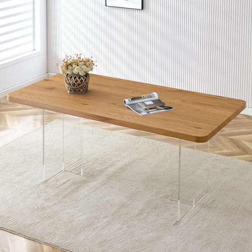 Baysitone Modern Wood Dining Table for 4-8, Clear Wooden Dining Room Table, 67'' Rectangular Kitchen Table with MDF Tabletop, Minimalist Wood Kitchen Table with Clear Acrylic Base, for Kitchen