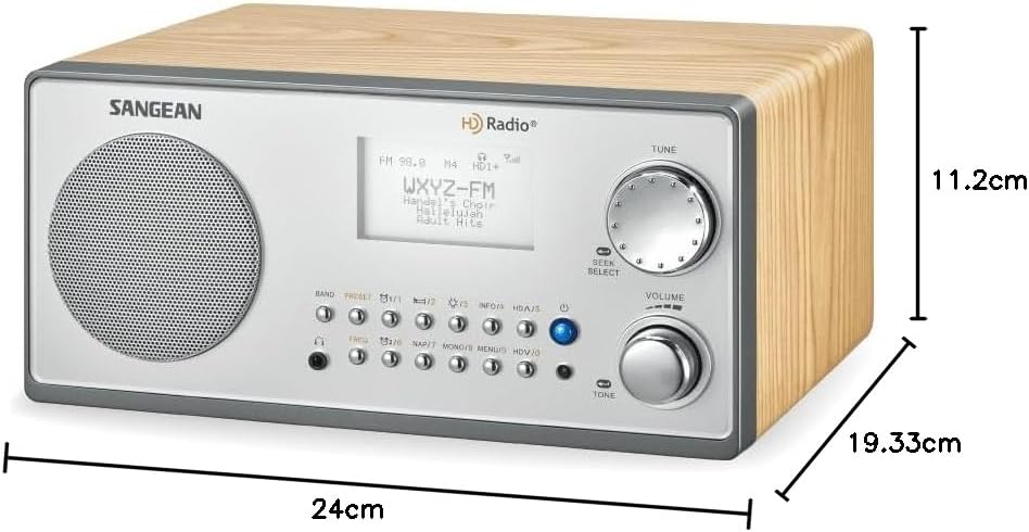 Diagram showing the dimensions of the Sangean HDR-18 radio: 24cm width, 11.2cm height, and 19.33cm depth.