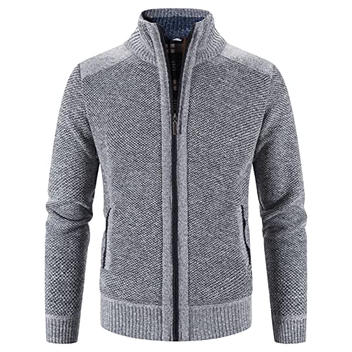 Men's Full Zip Up Cardigan Sweaters Regular Fit Flannel Lining Knitted Cardigans Zipper Thick Knit Sweater Coat (Light Grey,Medium)