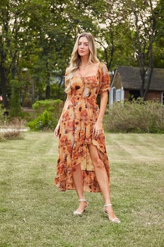 SCARLET DARKNESS Sommerkleid Damen Viktorianisches A-Linie Blumenkleid Puffärmel Kurzarm mit Rüschen Corsagenkleid Gelb und Sonnenblumen XL 2