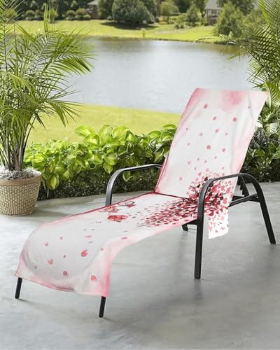 Heart Tree Beach Chair Towel Covers for Chaise Lounge with Side Pocket, Soft Plush Pool Towels Cover for Patio Sunbathing Outdoor 29''x85'' Valentine's Watercolor Tree Love Bicycle