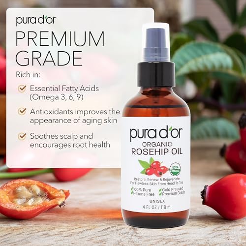 PURA D'OR Organic Rosehip Seed Oil 100% Pure Cold Pressed & USDA Organic Anti-Aging For Face, Hair, Skin & Nails, 4 Fluid Ounce 2
