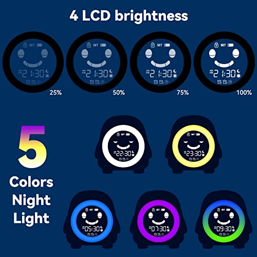 Sveglia Digitale per Bambini Wake-up Light Ricaricabile USB Cadrim Bambini Allarme Sveglia Comodino Sveglia Allenatore Sonno Orologio 2 Sveglie 3 Luminosità 5 Suonerie&Colori 8 Musica Funzione Snooze - Image 7