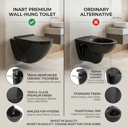 Image of InArt Ceramic Rimless Wall Hung Western Toilet /Commode - P Trap, Glossy Ceramic Round Rimless Toilet WC with Soft Close Seat, Modern Wall Mounted 365mm x 520mm x 360mm Black Color