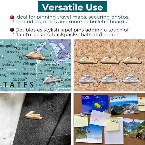 Image of Jet Ski Push Pins - Gold Jet Ski Map Pins for Cork Boards, Maps, or Lapel Use - Designed in USA - Set of 20