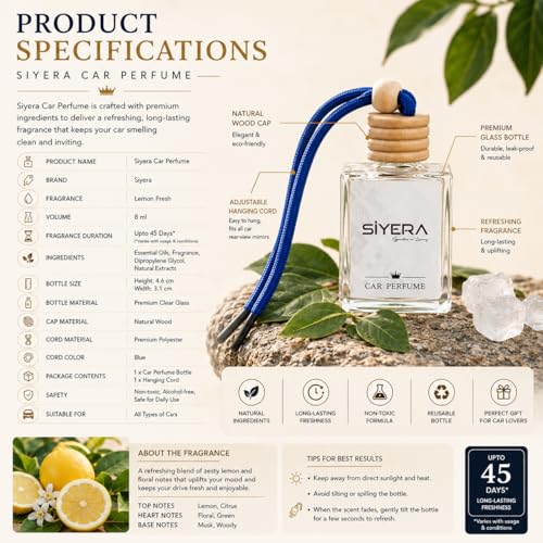 Image of SiYERA Hanging Car Perfume with Essential Oils | Car Air Freshener 10ml | Long-Lasting Aroma in Glass Bottle with Wooden Diffuser Lid (Camphor)
