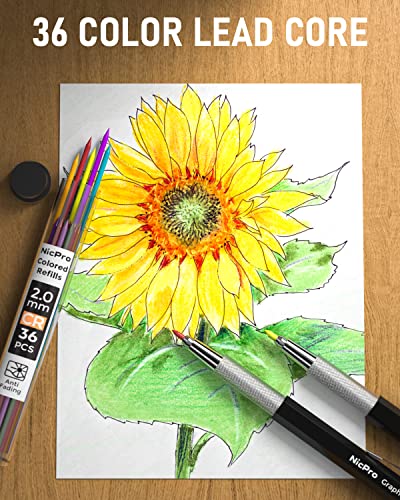 Nicpro 29Pcs Art Mechanical Pencils Set In Leather Case, Metal Drafting Pencil 0.5, 0.7, 0.9 Mm, 2Mm Lead Pencil Holders For Sketching Drawing With 15 Tube (4B 2B Hb 2H 4H)Lead Refills (Black &Colors) #TOP5