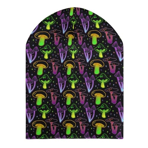 Psychedelic Magic Glowing Mushroom Kids Beanie Hat for for Girls Boys Children Cap Winter Knitted Chemo Cancer Headwear Accessories Gifts Decoration Black3