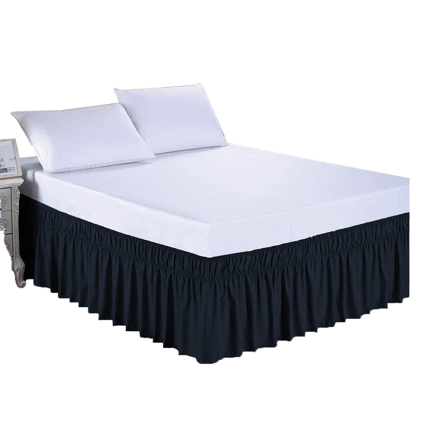 Lukeville Luxury Linen Bed Skirt Queen Size Wrap Around Bed Skirt 15 Inch Depth Easy Fit Gathered Style 3 Sided Coverage Navy Blue Solid