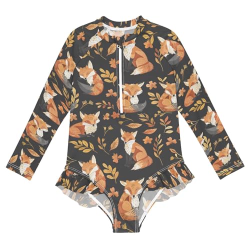 ALAZA Fox Flower Leaf Watercolor Girls One Piece Swimsuit Long Sleeve Rash Guard Swimsuits UV 50+ Swimwear Zipper - Main Image