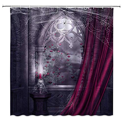 Amhnf Gothic Halloween Shower Curtain Spooky Vintage Castle Rose Flower Spider Web Skull Skeleton Horror Halloween Retro Window Scary Bathroom Decor Fabric Curtain With Hooks #TOP30