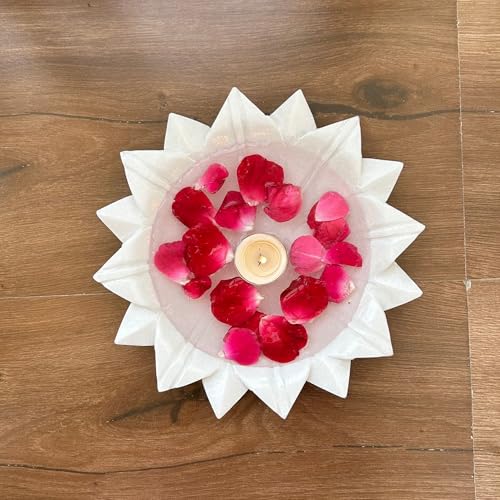 Image of Marble Urli Bowl for Decoration | Big Potpourri Decorative Bowls in Home decor | Large White Floating Flower Plates of Stone | Small Shape puja Item | (9 inch, Lotus Plate)
