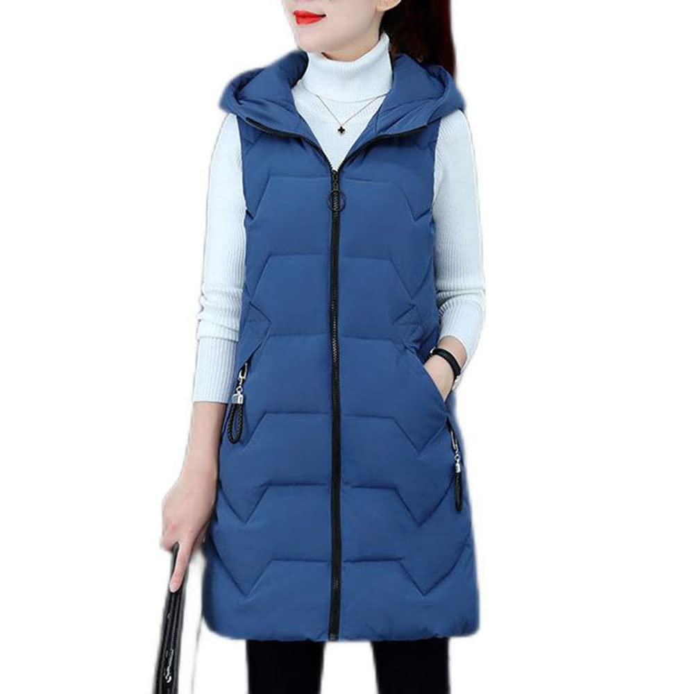 Gilet in Piumino Donna Gilet Trapuntato Autunno Invernali Smanicato Piumino Canottiera Mode Leggermente Imbottito Giacca con Cappuccio Gilet con Tasche Casual con Cerniera Outerwear,Blu,M