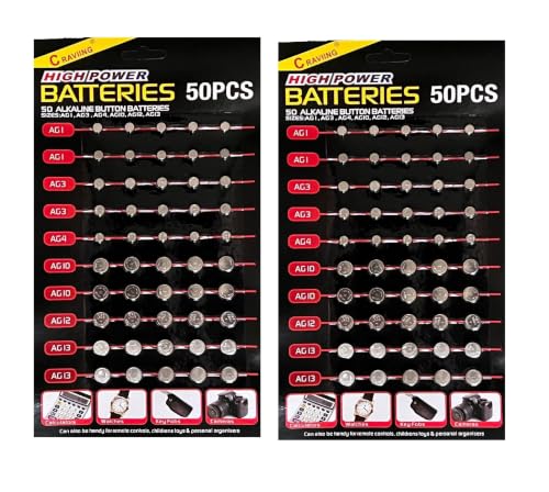 100 Assorted Mixed Alkaline Button Cell Batteries AG1/LR621 | AG3/LR41 | AG4/LR66 | AG10/LR54 | AG12/LR43 | AG13/LR44 Battery for Watches Calculators Key Fobs Toys