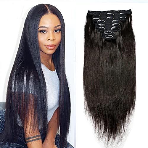 Silky Straight Clip in Human Hair Extension Brazilian Remy Clips on Hair Natural Black Straight Full Head Clip Hair For Black Woemn 100-150g (10inch 100grams, #4(Dark Brown))