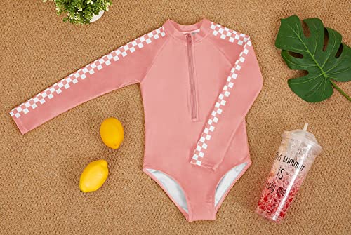 Girls One Piece Rash Guards Swimsuits Cute Plaid Long Sleeve Water Sport Beachwear Bathing Suit Pink #TOP5