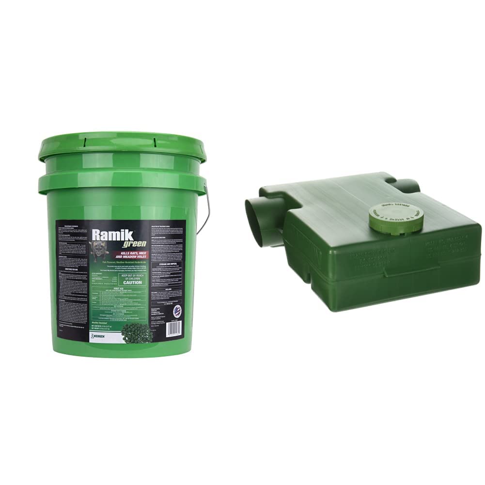 Photo 1 of Neogen 116300 Ramik Green Fish Flavored Weather Resistant Rodenticide Bait Nuggets, 20-Pound Bucket & Wilco 100046603 Ground Squirrel Bait Station 20-Pound Bucket Nuggets + Squirrel Bait Station