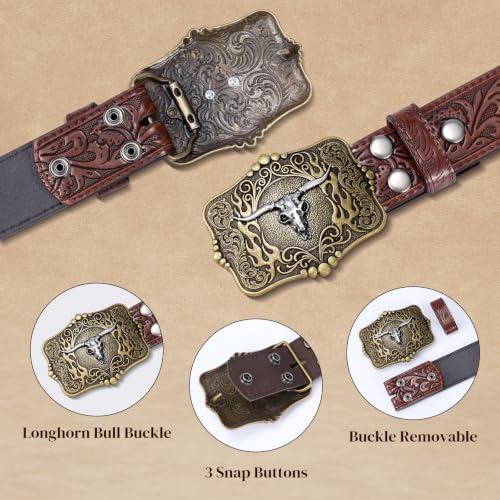 Image of Cowboy Cowgirl Belt Western Belts for Men Women Floral Engraved Longhorn Bull Buckle Belt for Jeans