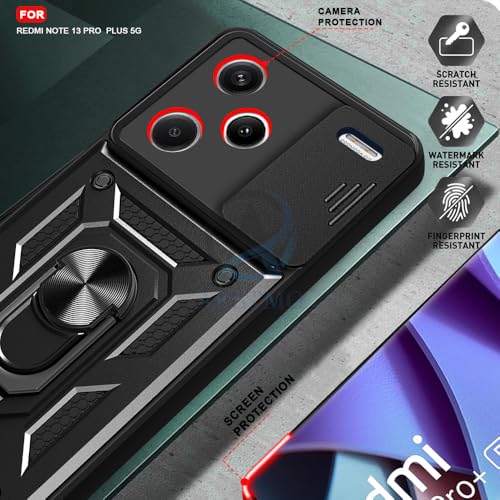 Image of AESTMO Tough Armor Redmi Note 13 Pro Plus 5G Bumper Back Case Cover | Ring Holder & Sliding Camera Shield Cover | 360 Degree Protection Back Case Cover for Redmi Note 13 Pro Plus 5G (Black)