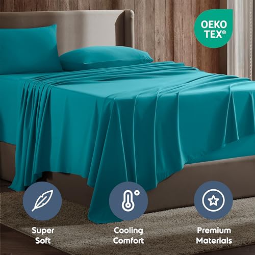 Image of Nestl Queen Bed Sheet Set - Teal - 4-Piece Deep Pocket | Instantly Soft, Night-One Ready (No Wash Required). Fits 16-Inch Deep Pockets, 360-Degree Elastic Grip