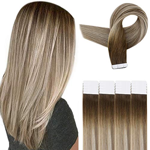 RUNATURE Tape in Hair Extensions 18 Inches Ombre Hair Extensions Color 3T8P22 Dark Chocolate Brown Mix Blonde 50g Glue in Hair
