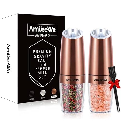 Electric Gravity Salt And Pepper Mill Set【White Light】- Battery Operated Automatic Salt And Pepper Mills With Light,Adjustable Coarseness,One Handed Operation,Cleaning Brush,Copper By Amusewit #TOP23