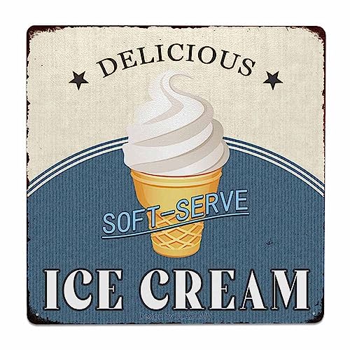 Delicious Soft-Serve Ice Cream Metal Sign Vintage Ice Cream Sign Art Poster For Home Kitchen Bar Candy Store Wall Decor Hanging Plaque (8x8 Inch)