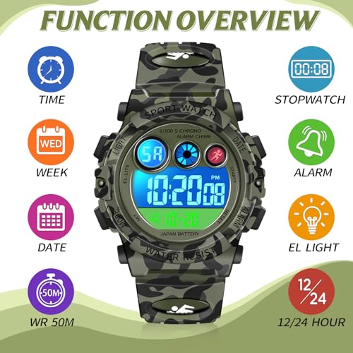 Image of Dayllon Kids Digital Watch,Boys Digital Outdoor Sport Waterproof Watch,with Calendar 12 /24H Alarm 7 Colorful Backlight Stopwatch Wristwatch for 3-15 Years Old