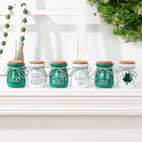 St-Patricks-Day-Decorations-6PCS-Mini-Glass-Jars-Farmhouse-St-Patricks-Day-Decor-for-Home-Kitchen-Table-Fireplace-Mantel St Patricks Day Decorations 6PCS Mini Glass Jars Farmhouse St Patricks Day Decor for Home Kitchen Table Fireplace Mantel