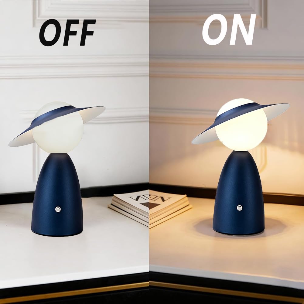 Lampe mit Hut Tischlampe Touch Dimmbare LED Akku Tischleuchte Kabellos Pilz Lampe Art Deco Nachttischlampe USB Aufladbar Hut Lampe Tragbar Schreibtischlampe für Restaurant Bar Büro Esstisch,Blau