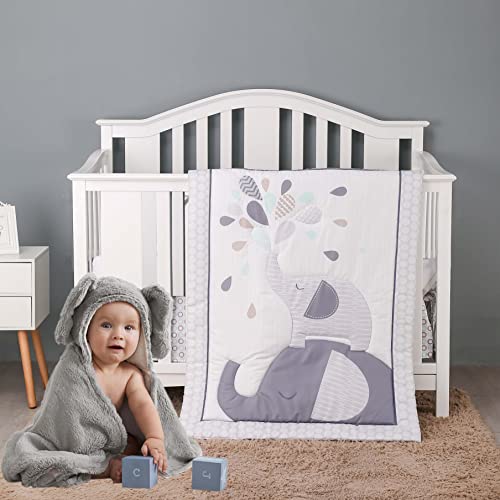 Brandream Playful Elephant Baby Crib Bedding Set For Boy, Girl And Unisex Nursery - Baby Quilt, Fitted Crib Sheet, Crib Skirt Included, 3 Pieces Grey & Mint #TOP1