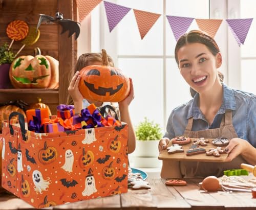 Image of Rectangular Halloween Basket for Boys and Girls Kids Trick or Treat Pumpkin Basket for Halloween Parties Cute Storage Bin Organizer Box Room Decor(Yellow Pumpkin Ghost)