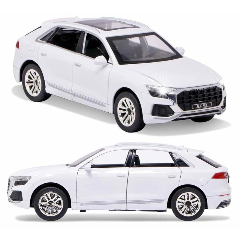 Image of Kids Model 1:32 Q8 Die Cast Metal Car Pull Back Action Opening Doors with Realistic Engine Sound Lights Toy Car Gift for Boys - White