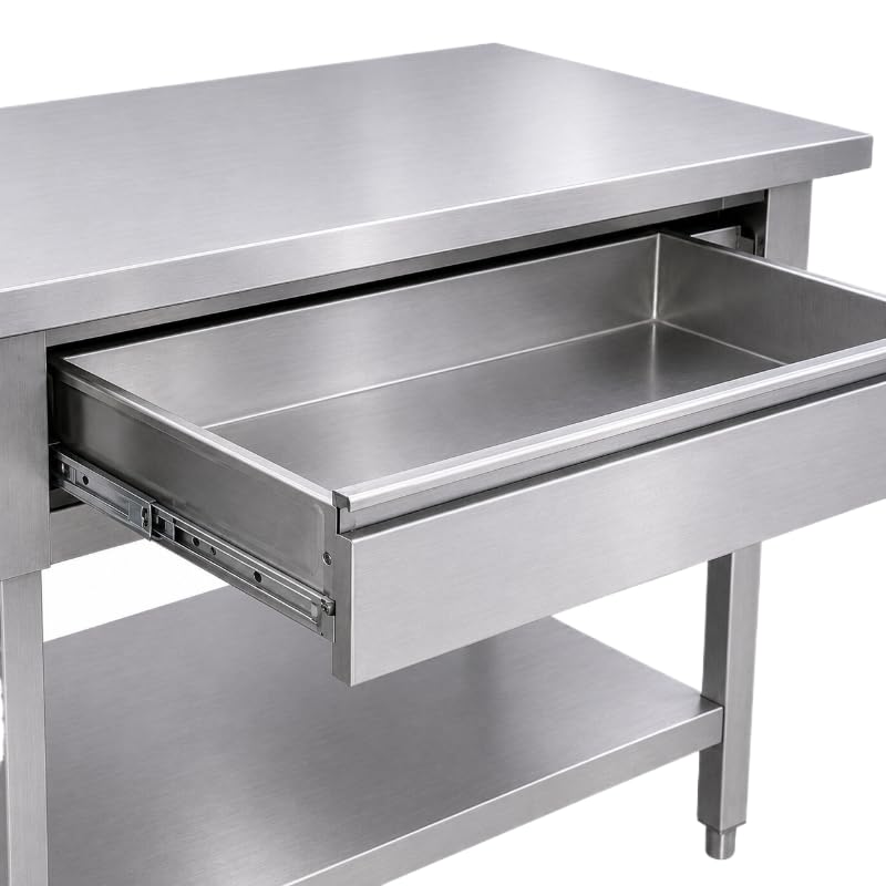 Générique Table de Travail INOX avec 2 Tiroirs et Étagère, 140x70x85 cm