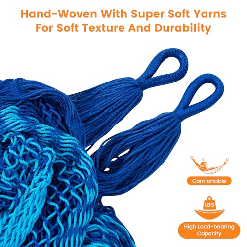 Image of Lazy Daze Hammocks Handwoven XL Mayan Hammock, 10.5 FT Soft Rope Double Hammocks, Portable Outdoor Hammock with Carry Bag, 2 Straps & Carabiners for Patio Outside, 550 lbs Capacity, Blue /Dark Blue