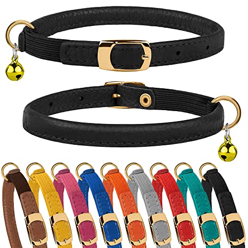 Murom Rolled Leather Cat Collar With Elastic Strap Safety Adjustable Pet Collars For Cats Kitten Yellow Red Pink Blue Orange Brown Gray (Black) #TOP18
